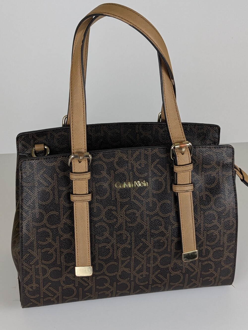 Vintage Calvin Klein Monogram Brown & Tan Tote Bag with Gold Hardware